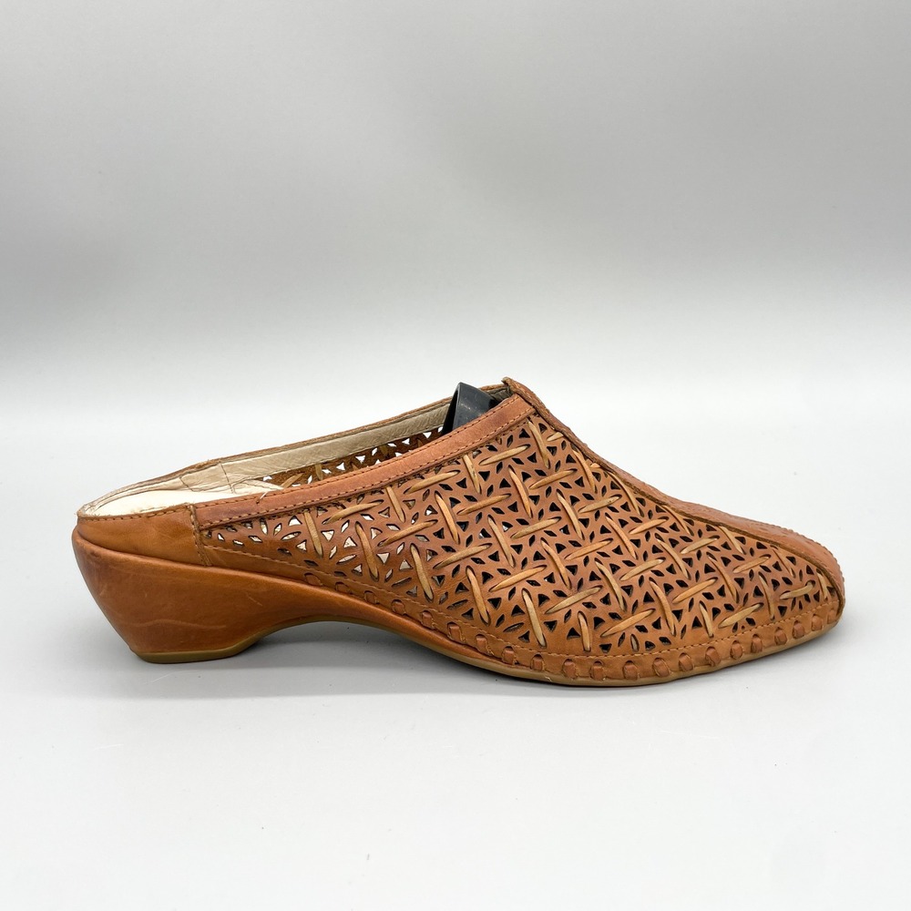 Pikolinos Womens 39 8.5 Romana Mules Tan Leather Laser Cut Woven Wedge Shoes